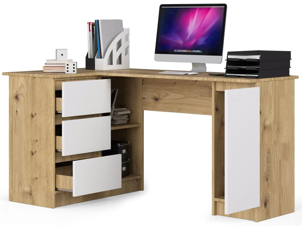 Masă PC de colț Bevin (Stejar artisan + Alb) (S). 1070969