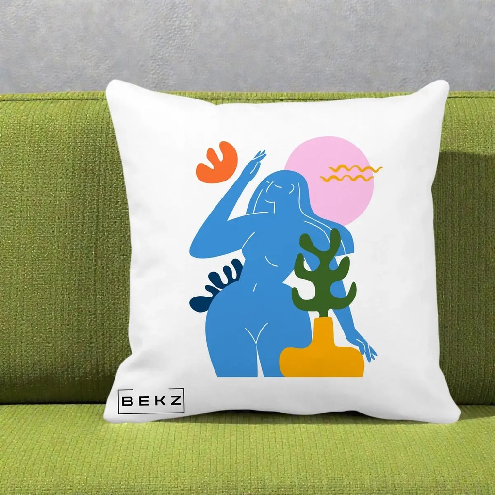Perna Decorativa Femeie Albastra Cactus, 40x40 cm, Alba Mata, Husa Detasabila, Perna Inclusa, BEKZ®