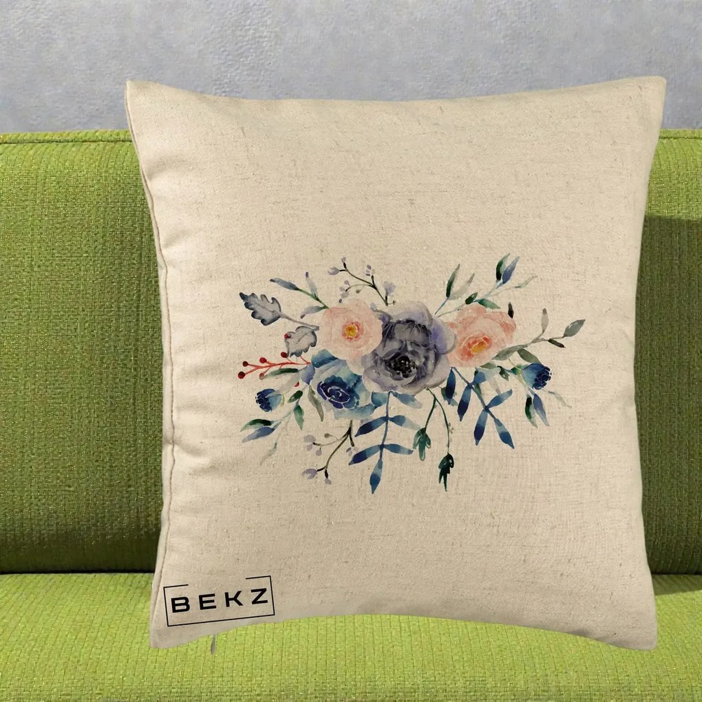 Perna Decorativa Buchet Flori Albastre Acuarela, 40x40 cm, Bej, Husa Detasabila, Perna Inclusa, BEKZ®