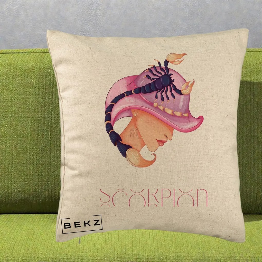 Perna Personalizata Zodiac Scorpion Cowgirl, 40x40 cm, Bej, Husa Detasabila, Perna Inclusa, BEKZ®