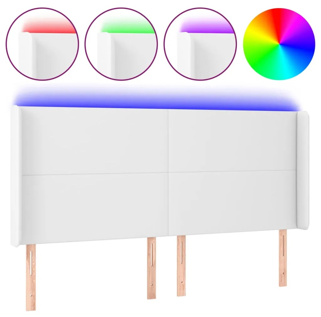 vidaXL Tăblie de pat cu LED, alb, 163x16x118/128 cm, piele ecologică