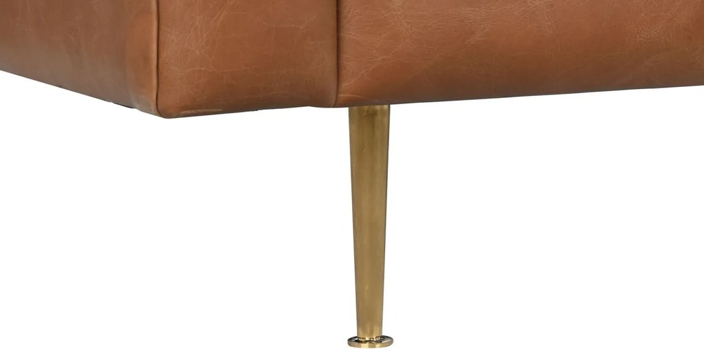 Canapea 3 locuri din piele cognac, cu spătar capitonat, picioare din metal auriu, aspect retro, 74 x 209 x 77 cm, „Odette”