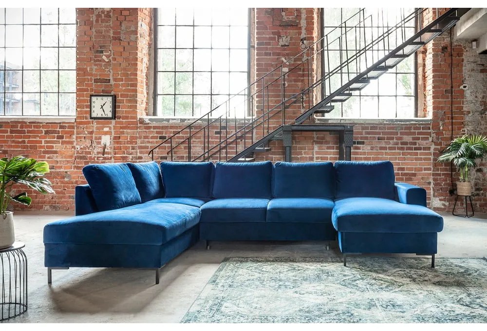 Canapea extensibilă din catifea în formă de „U” cu șezlong pe partea stângă Miuform Lofty Lilly, albastru marin