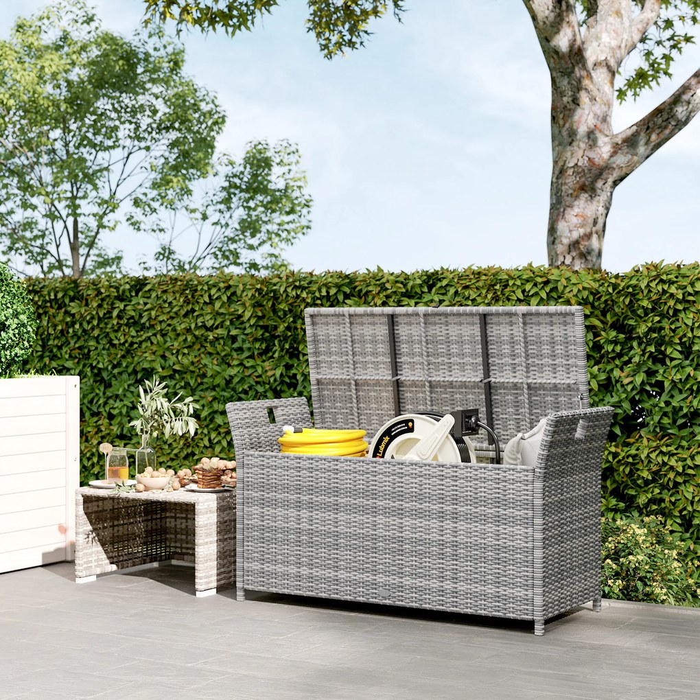 Outsunny Bancă cutie de depozitare exterioară din rășină țesută 250L cu pernă detașabilă, pentru grădină, balcon, crem | Aosom Romania