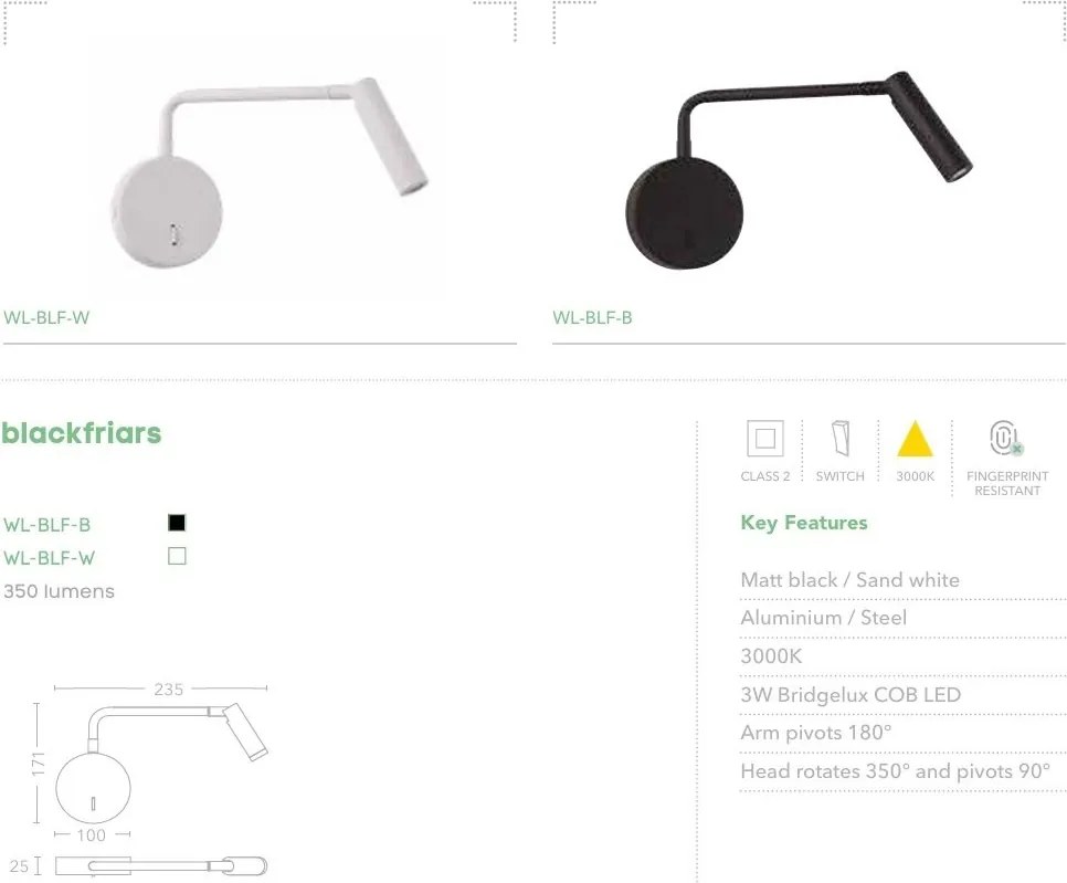 Aplica de perete cu reader LED Blackfriars negru