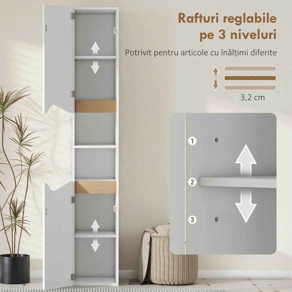 HOMCOM Dulăpior Înalț și Îngust pentru Baie cu 2 Uși, 2 Rafturi - Alb | Aosom Romania