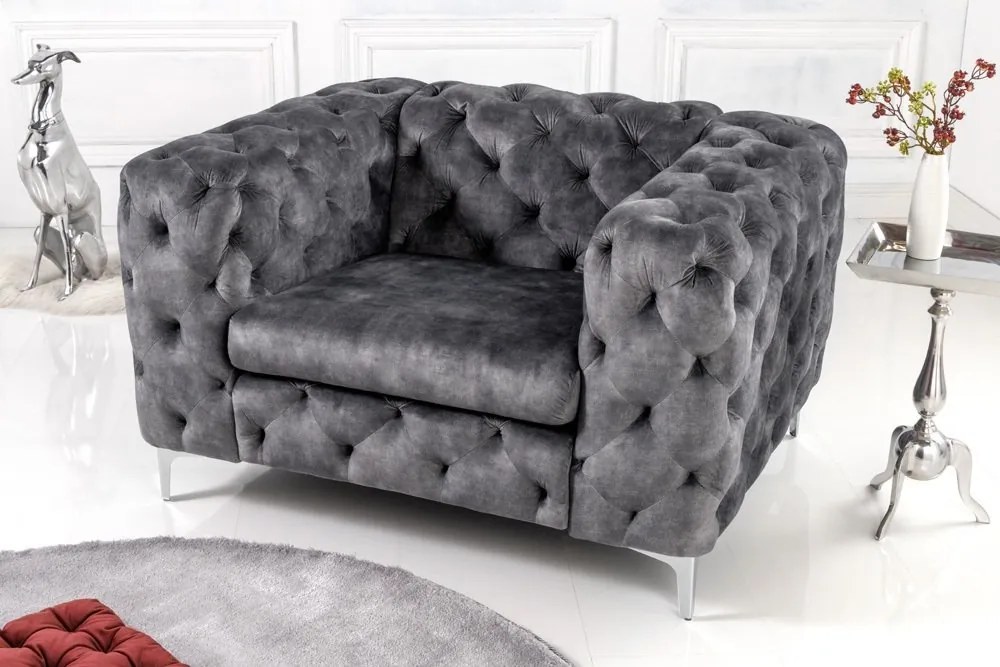 Fotoliu design Chesterfield, Catifea, Gri, MODERN BAROCK