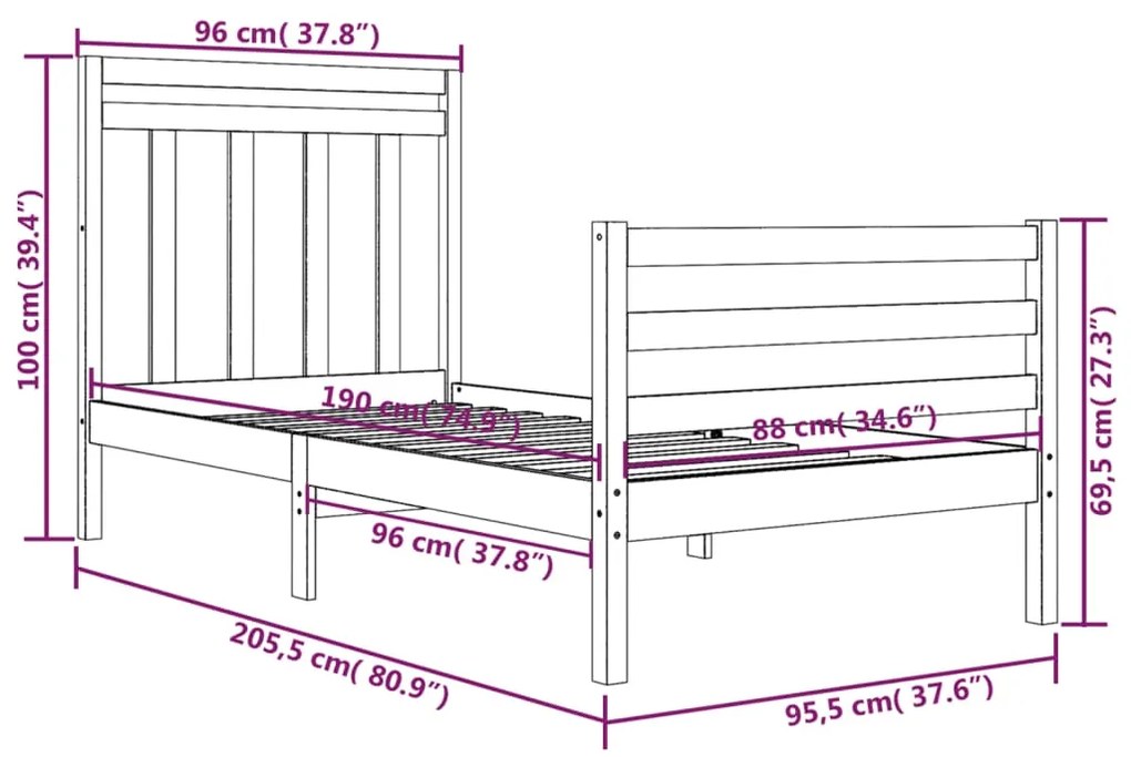 Cadru de pat, gri, 90x200 cm, lemn masiv de pin Gri, 90 x 200 cm