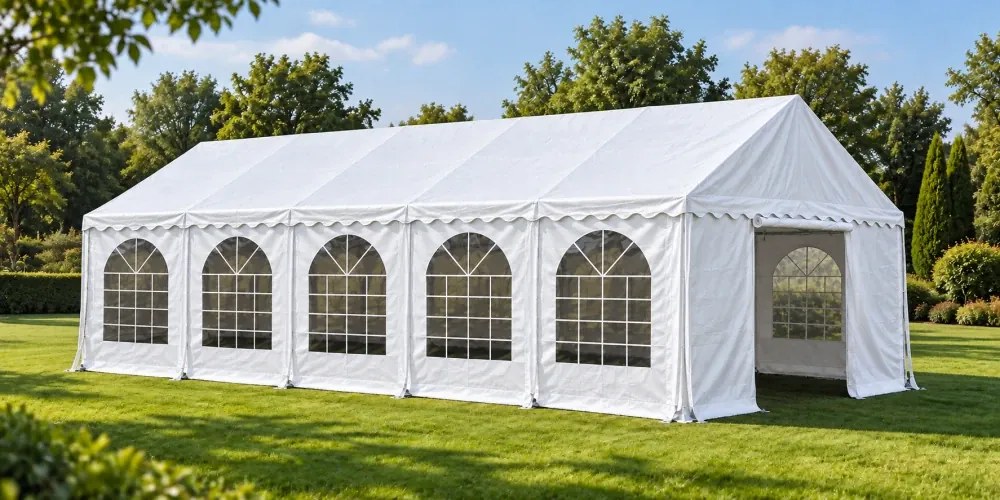 Cort evenimente Economy, 5 × 10 m, 50 m², PVC 440 g/m², structură metalică ranforsată, 10 ferestre, înălțime 2.9 m, Alb,