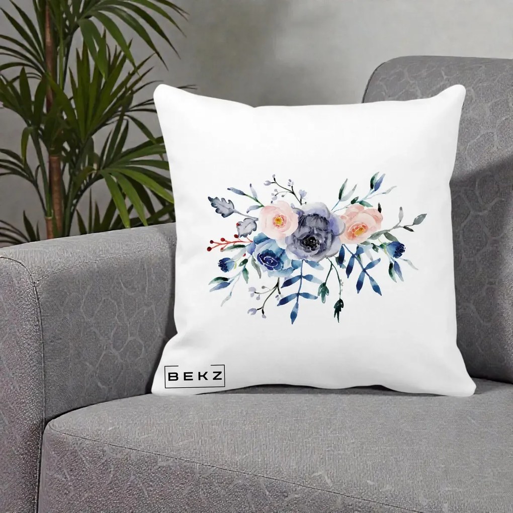 Perna Decorativa Buchet Flori Albastre Acuarela, 40x40 cm, Alba Mata, Husa Detasabila, Perna Inclusa, BEKZ®