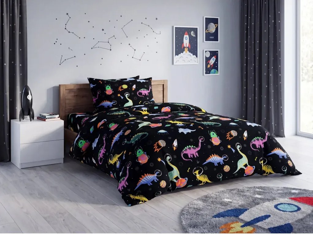 Set lenjerie de pat din microfibra pentru copii DINO SPACE colorat + husa de perna 50 x 70 cm GRATUIT