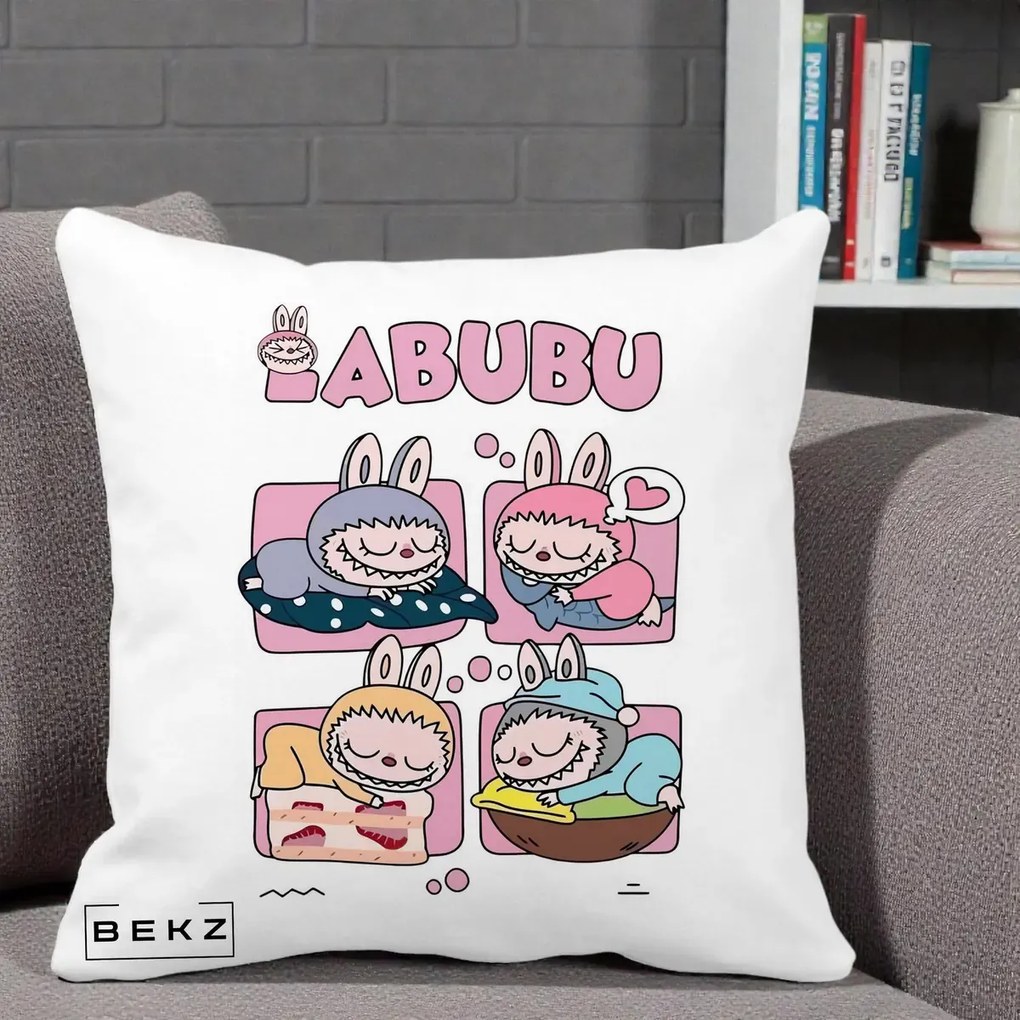 Perna Personalizata Labubu Sleeping Quad Grid, 40x40 cm, Alba Mata, Husa Detasabila, Perna Inclusa, BEKZ®