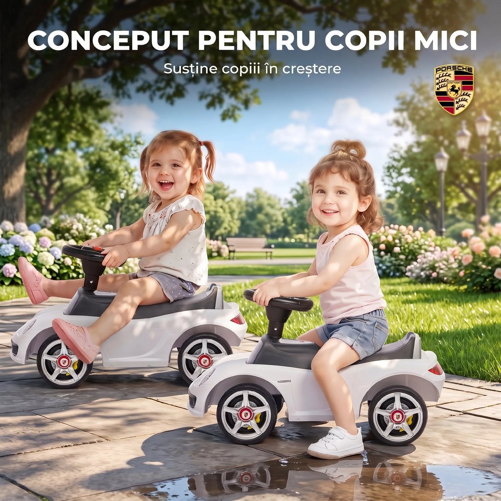 AIYAPLAY Mașinuță de Împins pentru Copii cu Licență Porsche, Claxon, Faruri și Sunet de Pornire, PP, Alb | Aosom Romania