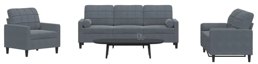 vidaXL Set de canapele cu perne/rulouri, 3 piese, gri închis, catifea