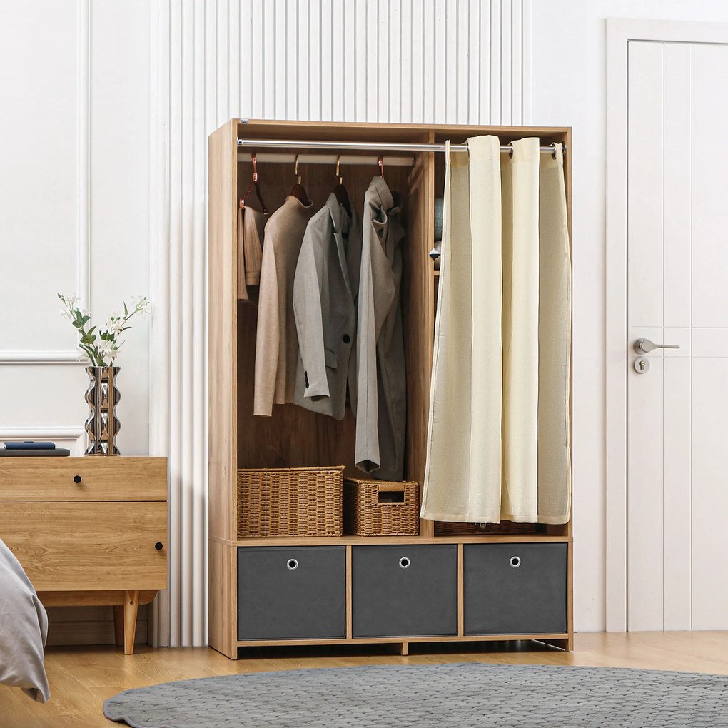 HOMCOM Dulap din PAL cu Sină pentru Agățat, 3 Sertare din Țesătură cu Aspect de In și 3 Rafturi, 105x48x160 cm | Aosom Romania