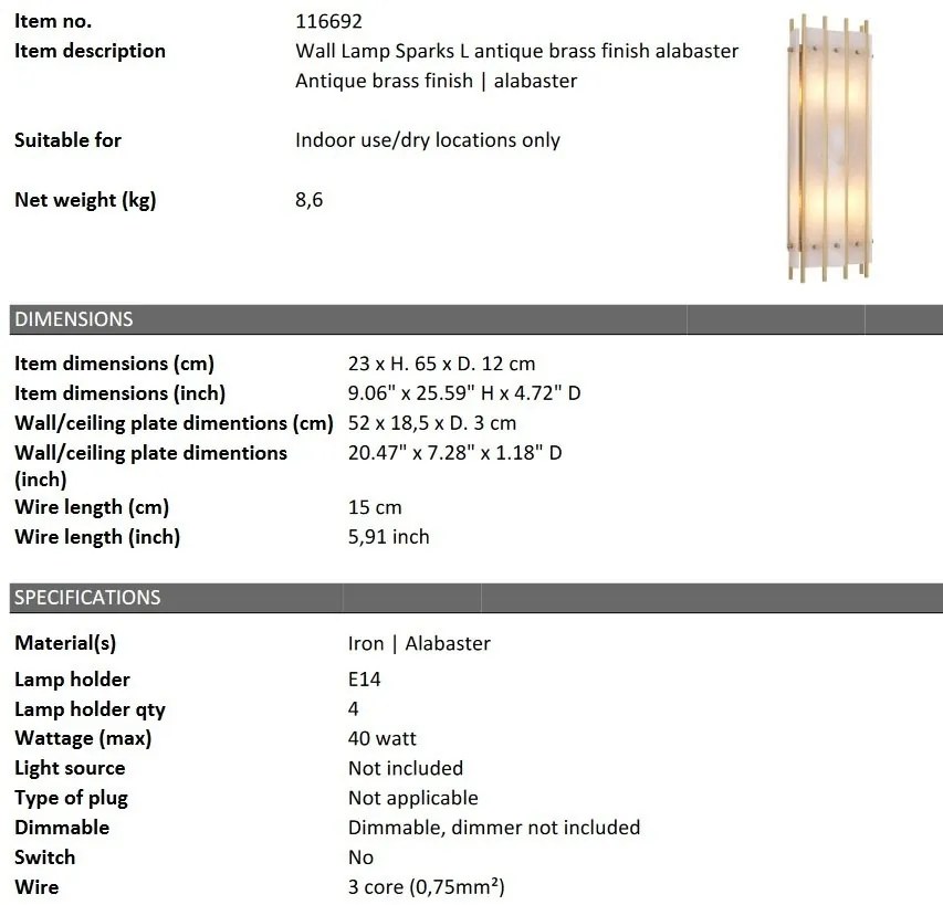 Aplica perete LUX Sparks L, alama antic/ alabastru
