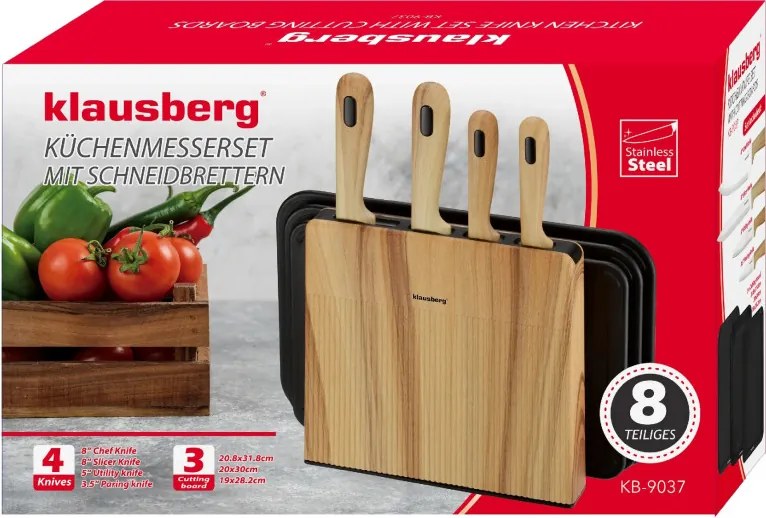 Set de cuțite și tăvi de tăiat Klausberg KB 9037, 8 piese, oțel inoxidabil, suport, maro/negru