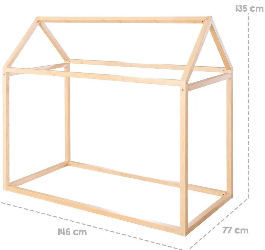 Pat pentru copii în culoare naturală de tip casă din bambus cu saltea/fără somieră 70x140 cm House Bed – Roba