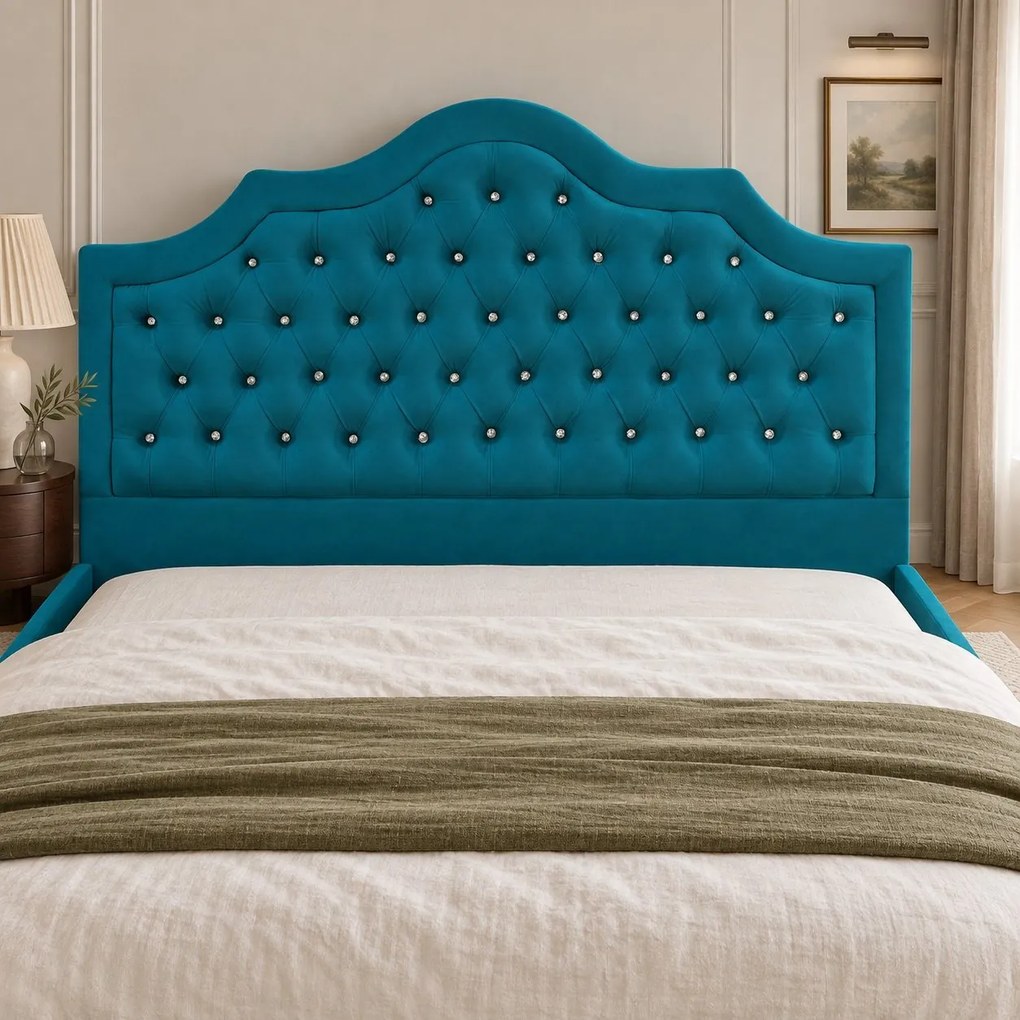 Pat tapițat Chesterfield din catifea Imperio Deluxe 160×200 cm, turcoaz, cu ladă de depozitare