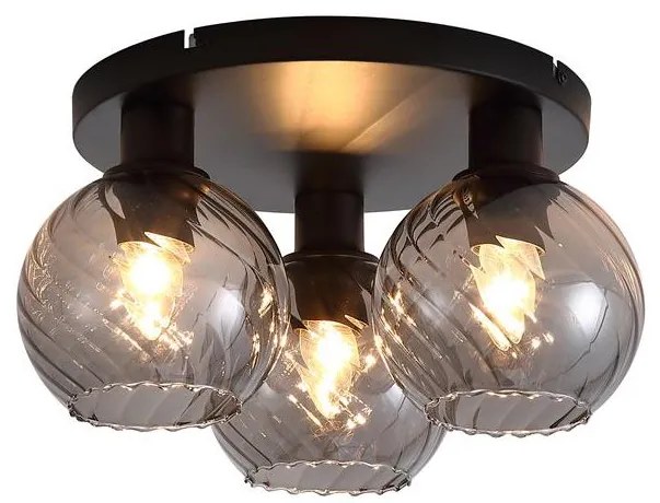 Plafoniera cu 3 becuri metal negru, sticla fumurie Radiance