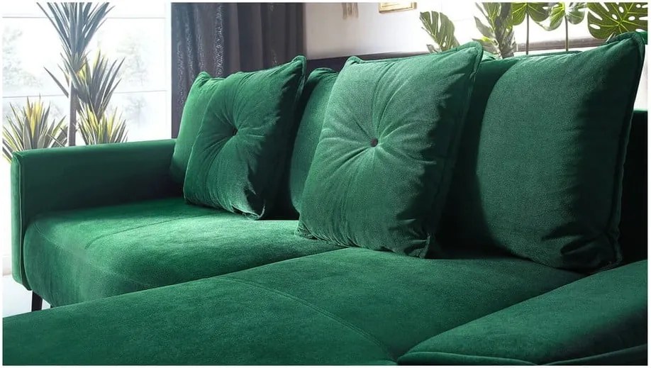 Colțar extensibil din catifea și șezlong pe partea dreaptă Bobochic Paris Hera Bis, verde