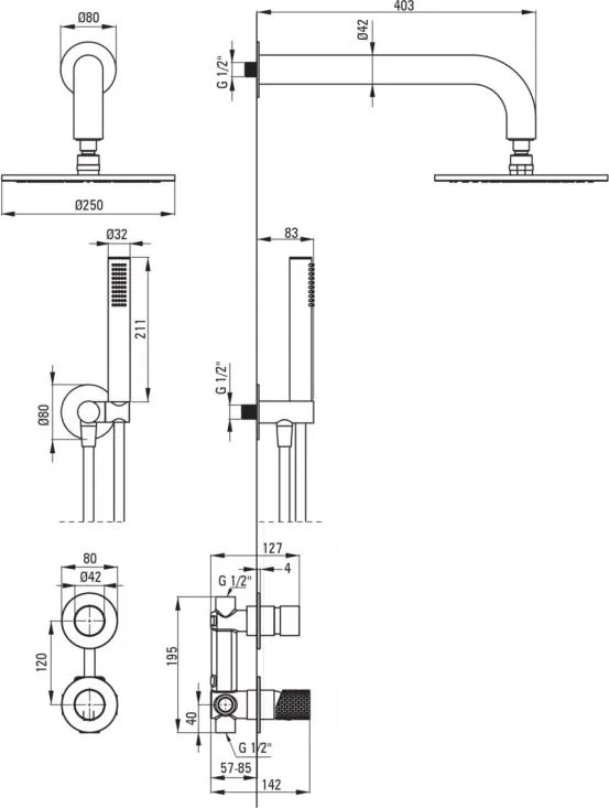 🚿 Set de duș SILIA HEXA, montare încastrată, cu pălărie de duș, finisaj oțel șlefuit – Cod NHS_F9YK