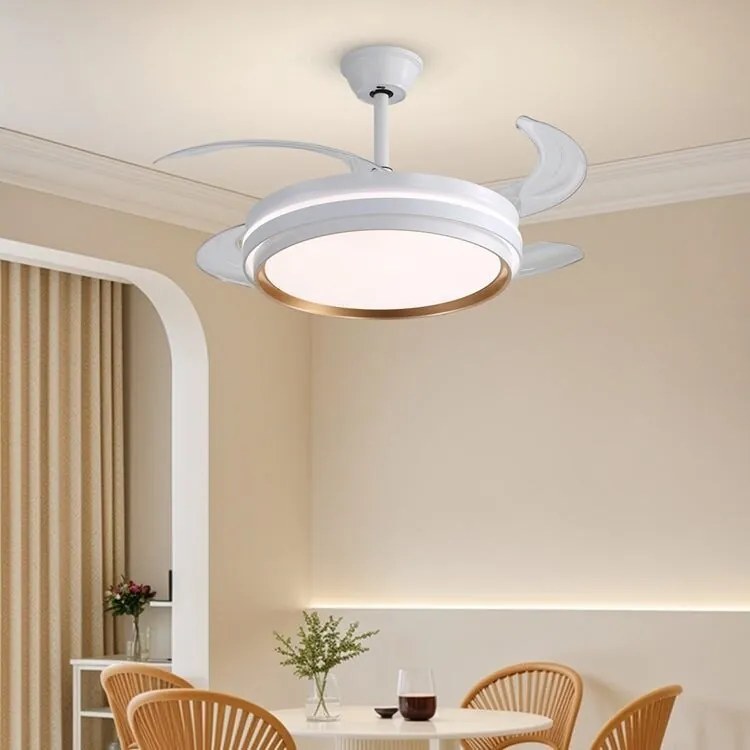 Lustră LED cu Ventilator Retractabil, 3 Tonuri de Lumină, Motor Cupru, Temporizare și Telecomandă, Alb