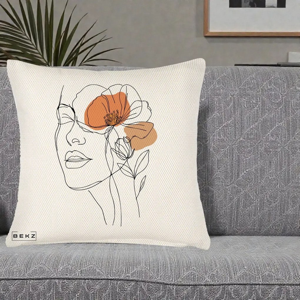 Perna Decorativa Portret Feminin Mac Profilat, 40x40 cm, Crem Reliefat, Husa Detasabila, Perna Inclusa, BEKZ®