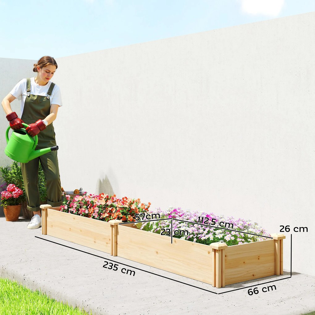 Outsunny Pat înălțat din lemn, cutie de plantare cu separator și bază deschisă, seră timpurie pentru grădină 235 x 66 x 26 cm lemn natural | Aosom Romania
