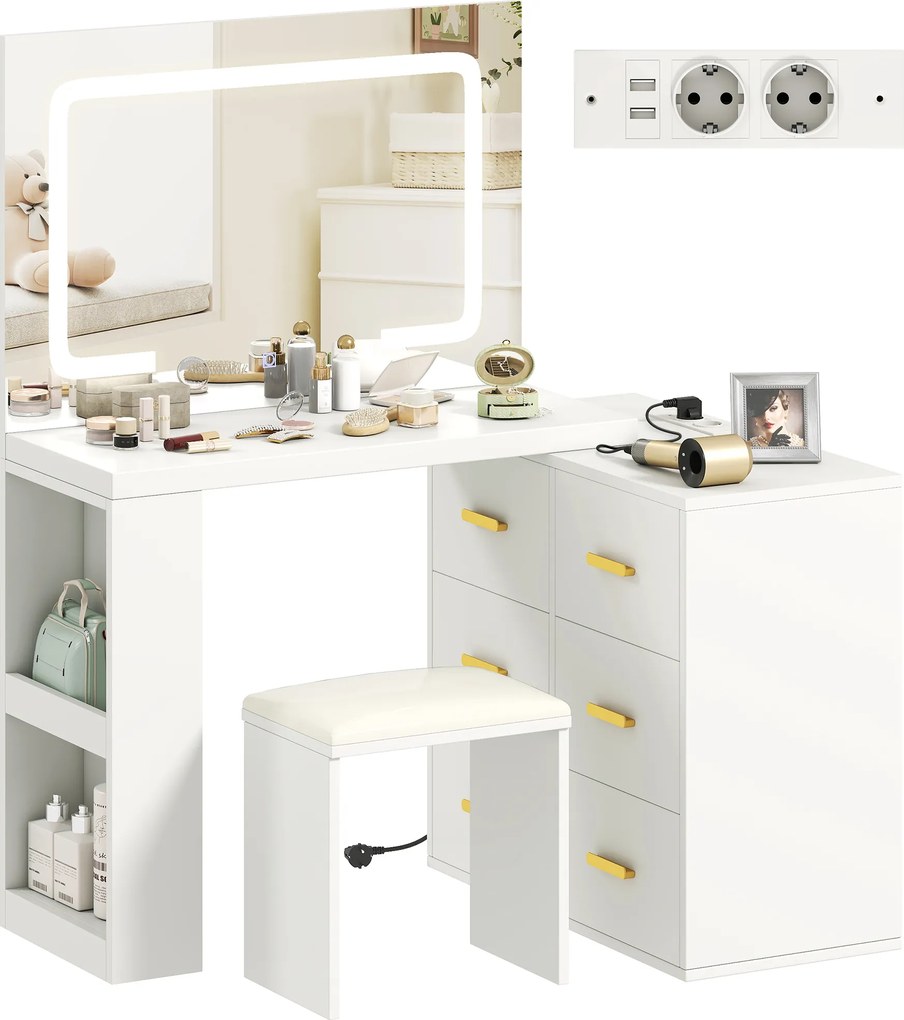 HOMCOM Toaletă cu oglindă și taburet, masă de machiaj cu iluminare LED reglabilă, 6 sertare, 118 x 78 x 135 cm, alb | Aosom Romania