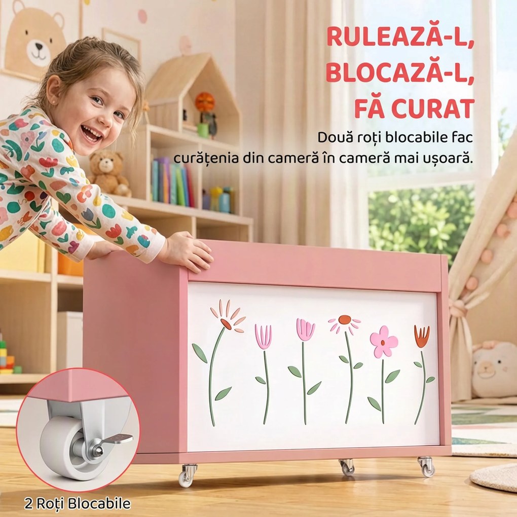 AIYAPLAY Cufăr pentru jucării copii 3-8 ani cu roți, 34,5 L, 15 kg, 50 x 30 x 33,5 cm, pentru dormitor, roz | Aosom Romania