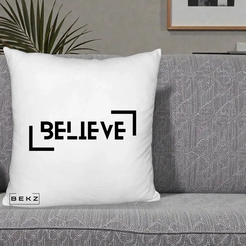 Perna Decorativa Believe Minimalist, 40x40 cm, Alb Pufos, Husa Detasabila, Perna Inclusa, BEKZ®
