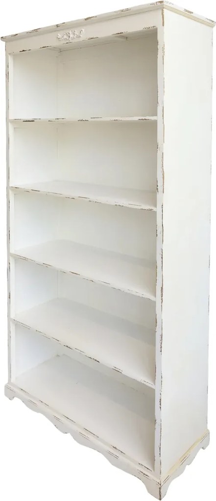 Bibliotecă shabby chic din lemn cu finisaj antichizat crem, 5 rafturi, 106×39×200 cm, „Violette"