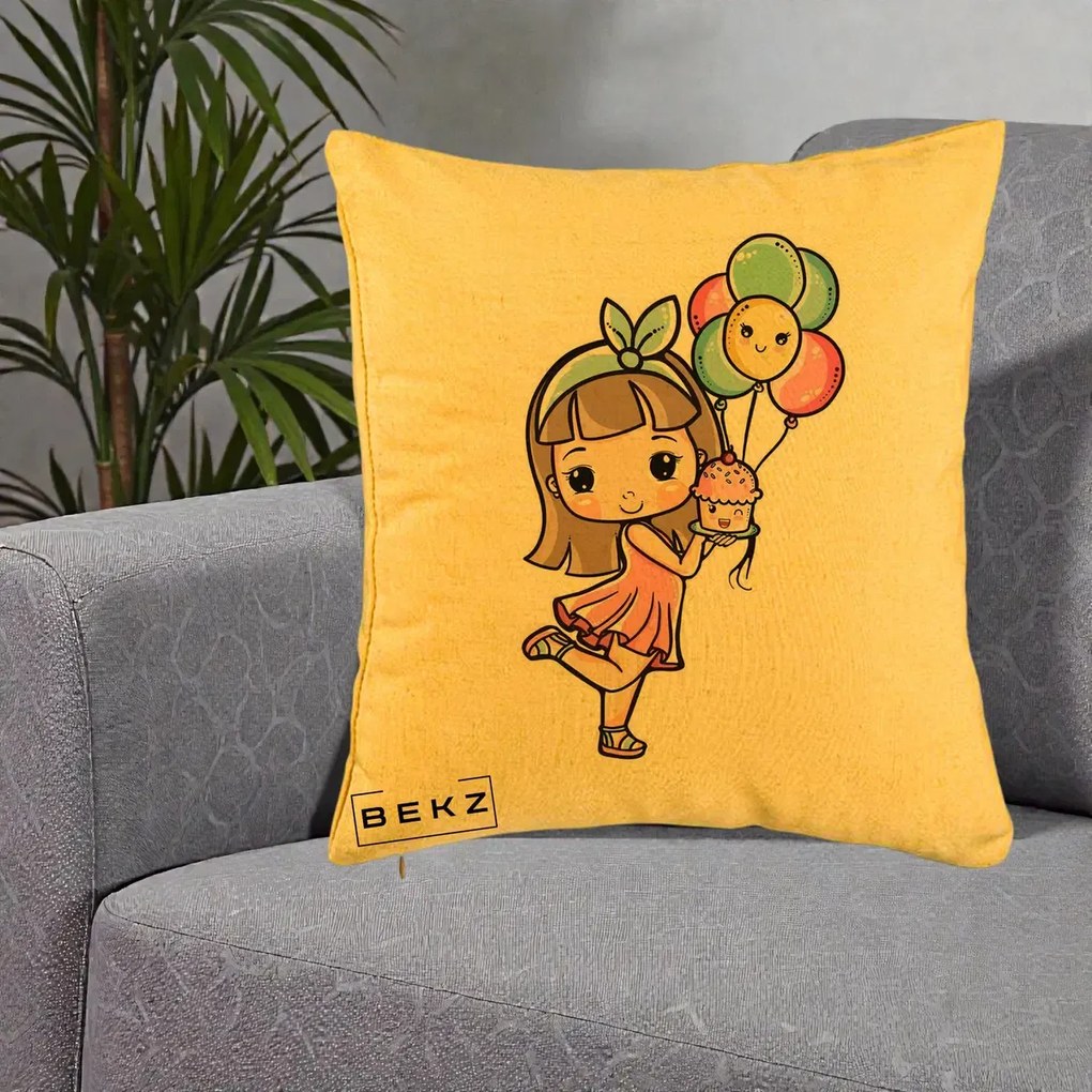 Perna Decorativa Fetita Kawaii cu Baloane si Cupcake, 40x40 cm, Galben, Husa Detasabila, Perna Inclusa, BEKZ®