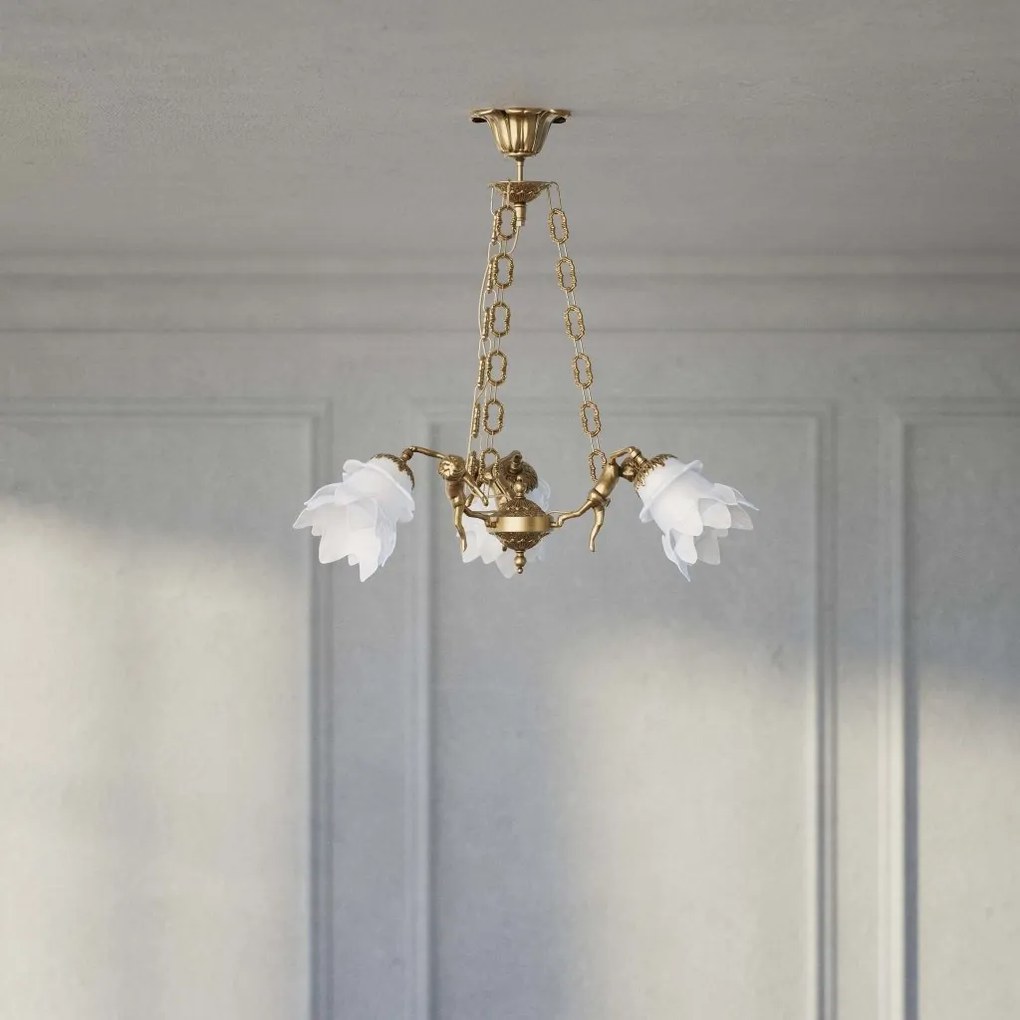 Candelabru 3 brate din alama cu abajur din sticla Putti