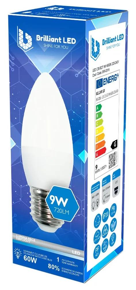 Bec lumanare Brilliant LED, 9W (60W), 720lm, lumina rece 6500k, 220V, E27 Lumina rece - 6500K, 1 buc