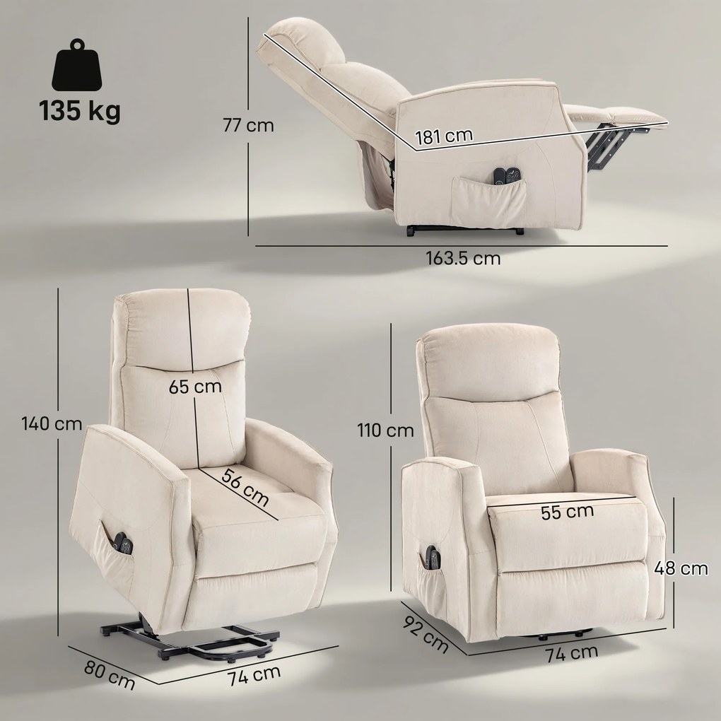 HOMCOM Fotoliu Electric cu Ridicare 150° din Material ce Imita Inul cu 8 Puncte de Masaj, Încălzire, Bej | Aosom Romania