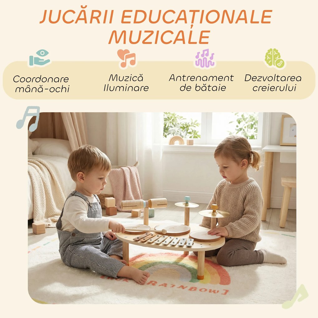 AIYAPLAY Set de Instrumente Muzicale pentru Copii de la 2+ Ani cu Tobe și Xilofon, Culoare Naturală | Aosom Romania