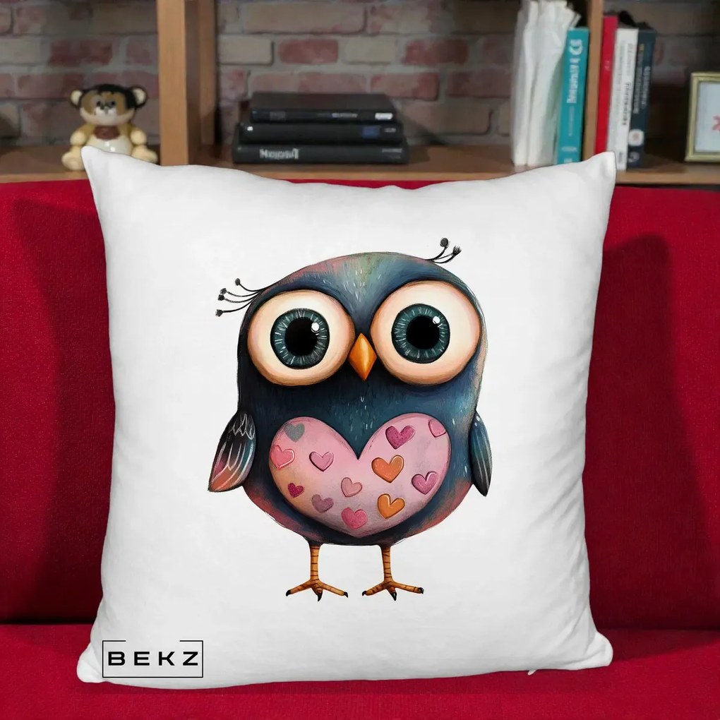 Perna Decorativa Bufnita cu Inimioare Roz, 40x40 cm, Alb Pufos, Husa Detasabila, Perna Inclusa, BEKZ®
