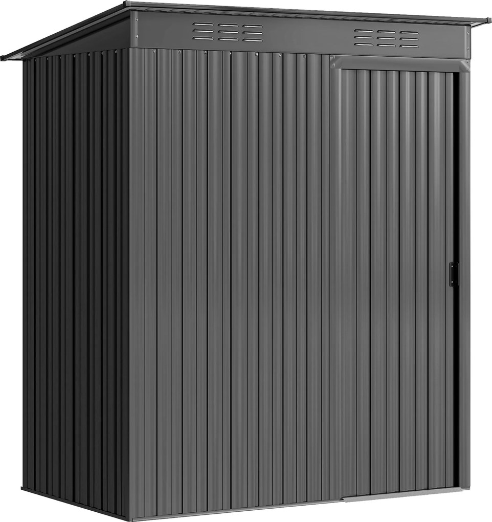 Outsunny Căsuță de Grădină 1.37m² din Metal, Montare Ușoară, Depozit pentru Unelte de Grădină cu Fante de Aer, Ușă Culisantă, Acoperiș Înclinat și Mănuși, 159x106x181 cm, Gri Închis | Aosom Romania