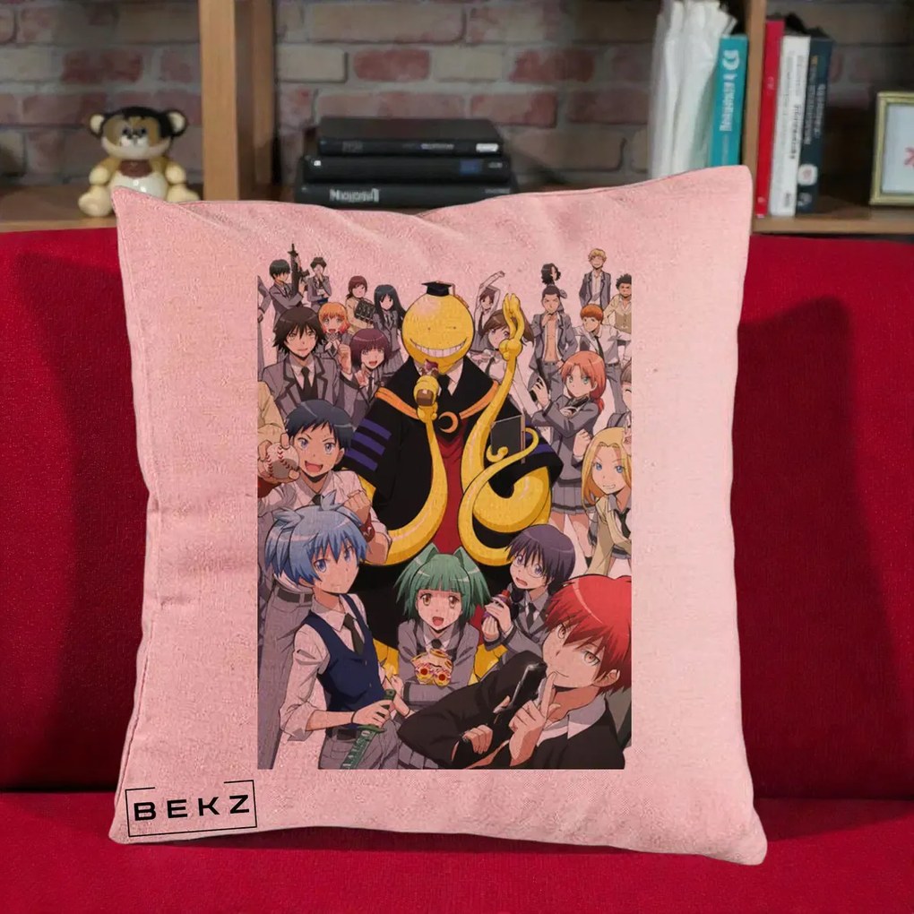 Perna Personalizata Assassination Classroom Grup Complet Anime, 40x40 cm, Roz, Husa Detasabila, Perna Inclusa, BEKZ®