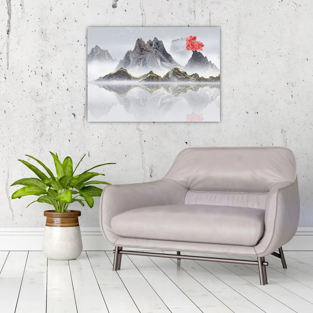 Tablou pe sticlă - Munții în ceață (70x50 cm)