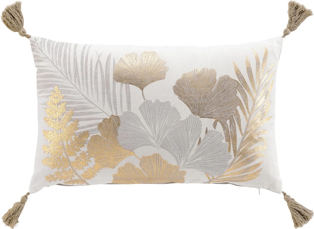 Pernă lungă decorativă cu ciucuri, frunze aurii, 30 x 50 cm