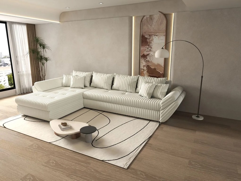 Colțar extensibil dumonde cu ladă de depozitare si sezut confortabil din spuma high-density, Loana XL Ambience Ivory 335x185 cm