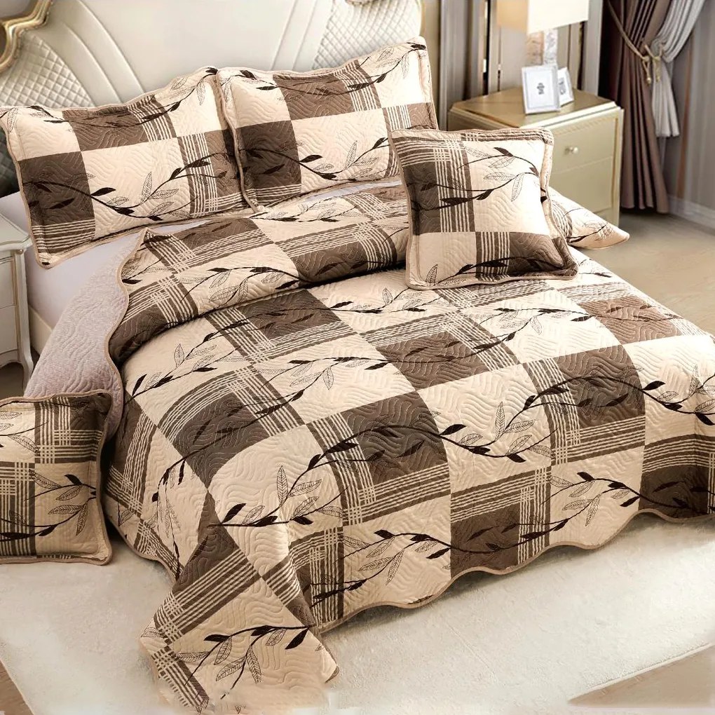 Cuvertură bumbac 100%, bej cu carouri maro, 5 piese, 230x250 cm, CB430