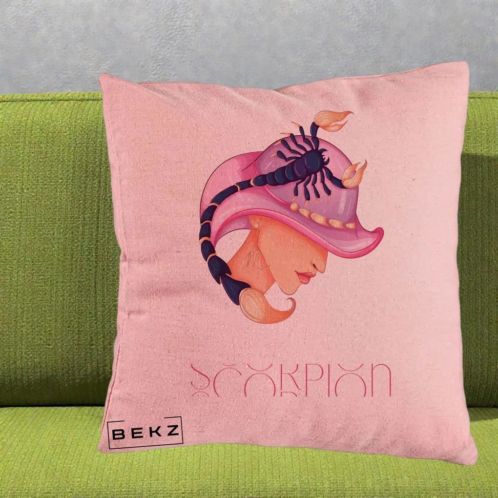 Perna Personalizata Zodiac Scorpion Cowgirl, 40x40 cm, Roz, Husa Detasabila, Perna Inclusa, BEKZ®