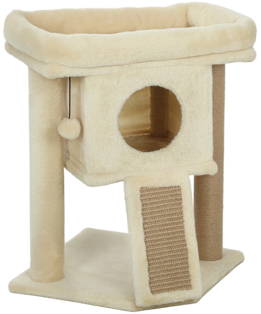 PawHut Catarator cu placa de zgariere din iuta, platforma de odihna, minge de jucarie, casa pentru pisici, Bej, 40 x 40 x 57 cm | Aosom Romania