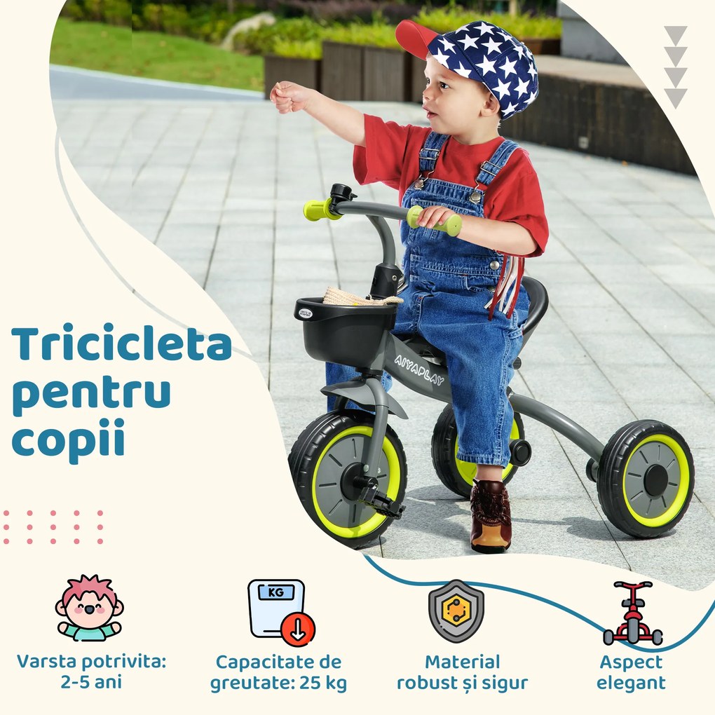 AIYAPLAY Tricicletă pentru Copii cu Scaun Reglabil, Bicicletă pentru Copii cu Coș și Clopoțel, 70.5x53x58 cm, Negru | Aosom Romania