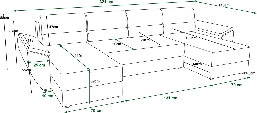 Coltar extensibil in forma de U TAVERO 321x140 cm, roz inchis