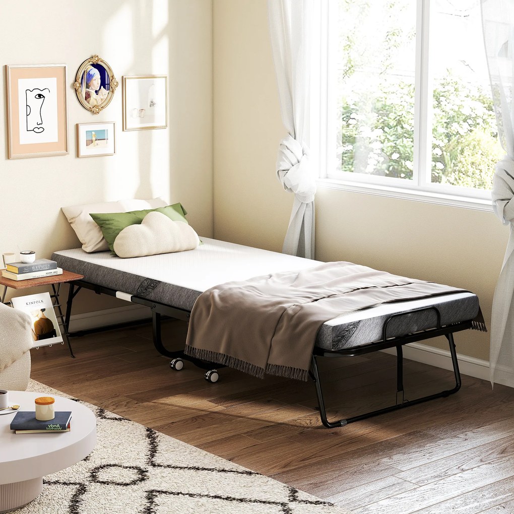 HOMCOM Pat Pliabil Single 90x200 cm cu Saltea de 10 cm Grosime, Cadru din Metal și Roți cu Frână, Negru | Aosom Romania